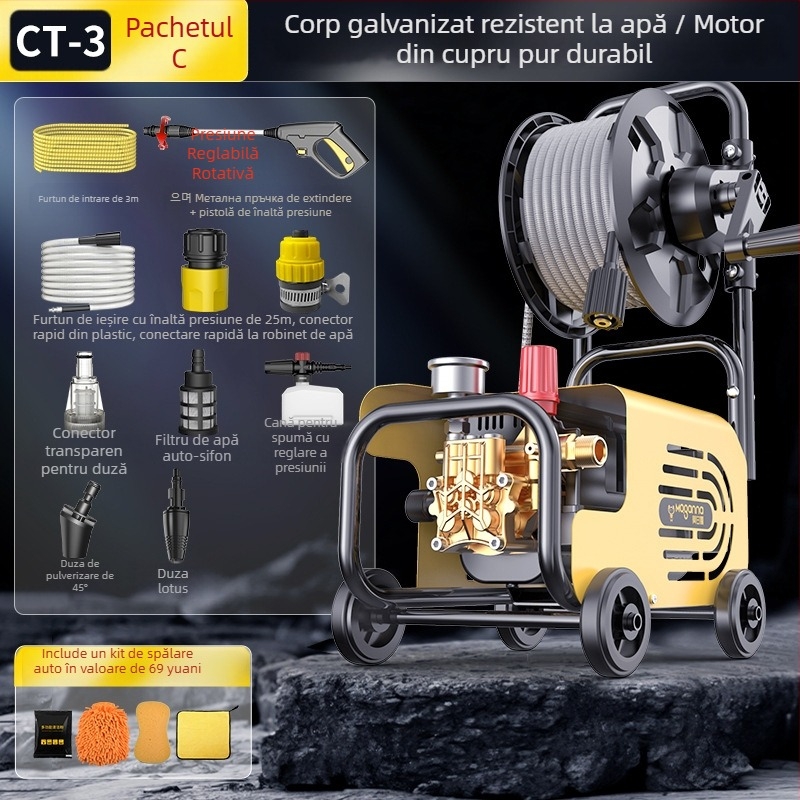 Mașină de spălat auto cu înaltă presiune pentru uz casnic, 220V, 1600W, furtun 10–25 m, greutate 5 kg, presiune 2.5–25 MPa