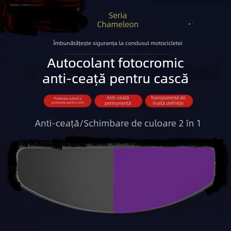 Film antifog pentru cască de mari dimensiuni, cu protecție UV și patch fotosensitiv cu efect de schimbare a culorii