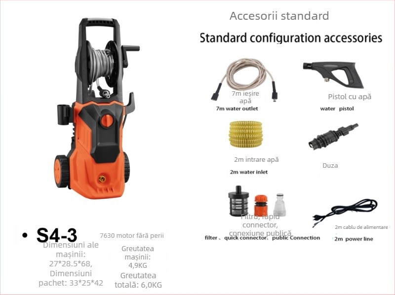 Mașină de spălat autoturisme, 1300 W, 220 V, model Q4, interval presiune 2,5–25 MPa, furtun de înaltă presiune 5 m, furtun de alimentare cu apă 7 m