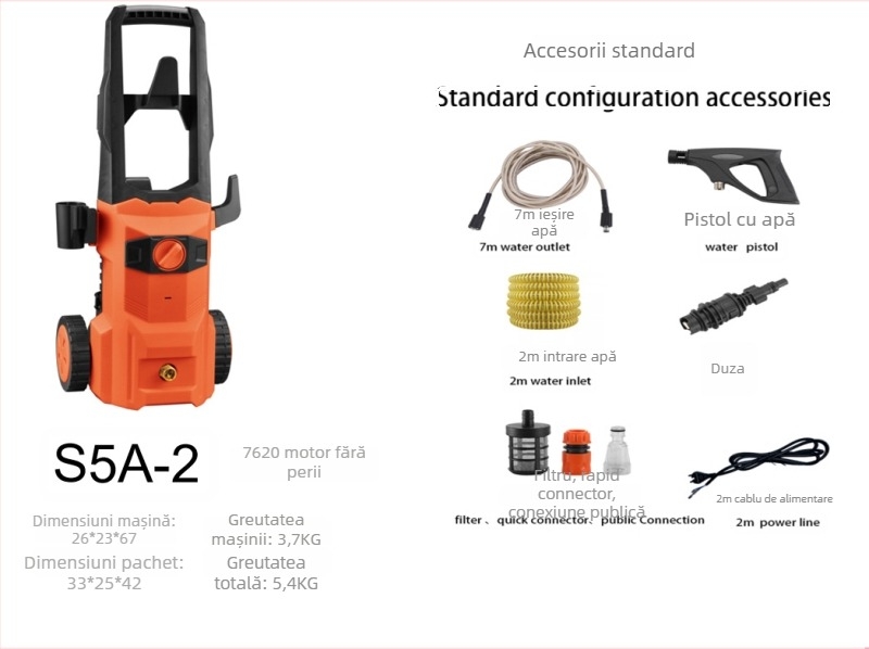 Mașină de spălat autoturisme, 1300 W, 220 V, model Q4, interval presiune 2,5–25 MPa, furtun de înaltă presiune 5 m, furtun de alimentare cu apă 7 m