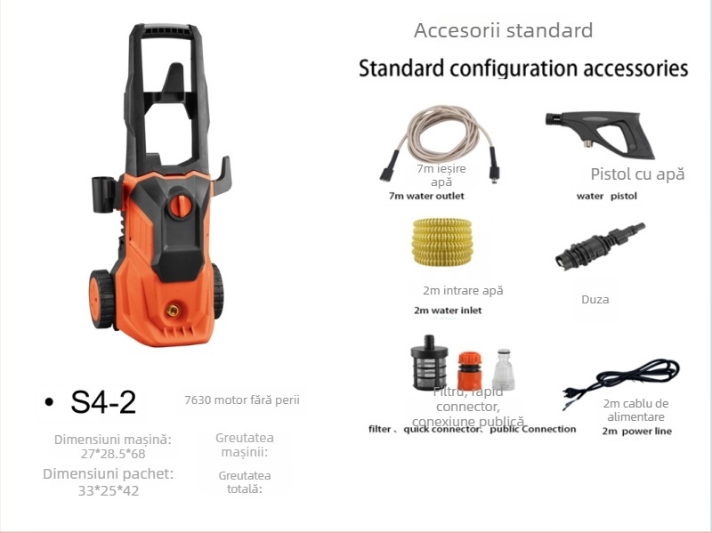 Mașină de spălat autoturisme, 1300 W, 220 V, model Q4, interval presiune 2,5–25 MPa, furtun de înaltă presiune 5 m, furtun de alimentare cu apă 7 m