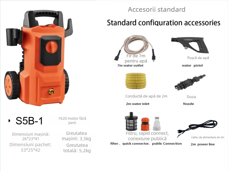 Mașină de spălat autoturisme, 1300 W, 220 V, model Q4, interval presiune 2,5–25 MPa, furtun de înaltă presiune 5 m, furtun de alimentare cu apă 7 m