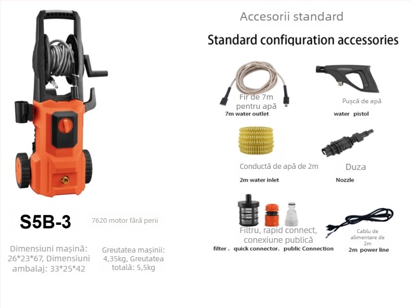 Mașină de spălat autoturisme, 1300 W, 220 V, model Q4, interval presiune 2,5–25 MPa, furtun de înaltă presiune 5 m, furtun de alimentare cu apă 7 m