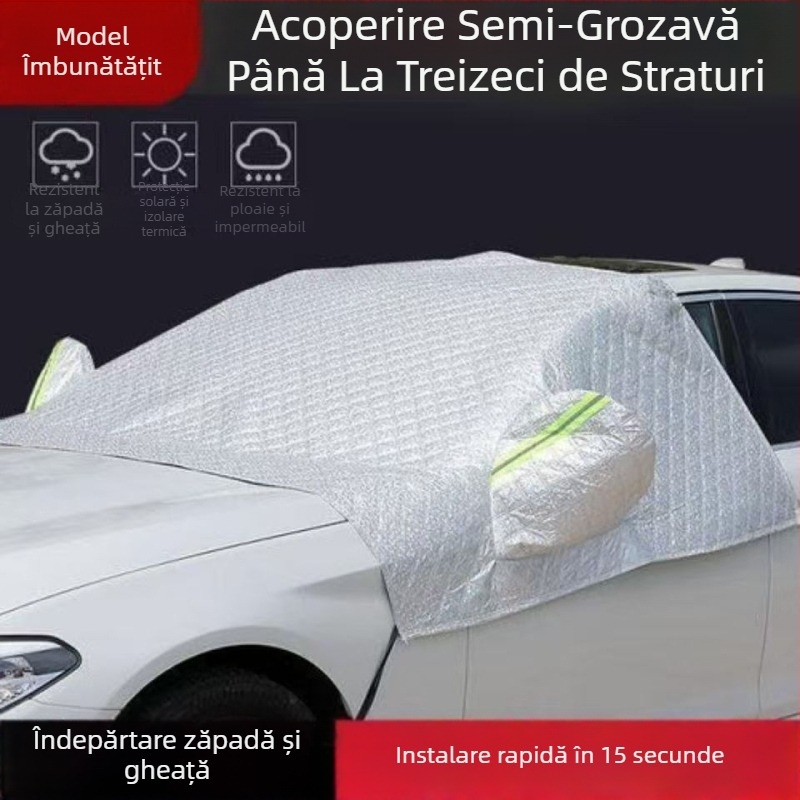 Acoperire universală a parbrizului frontal pentru protecție împotriva zăpezii și înghețului – cu clips magnetice, film de aluminiu în mai multe straturi (unu, dublu sau triplu) cu trei ferestre, material Oxford quilt, stil minimalist