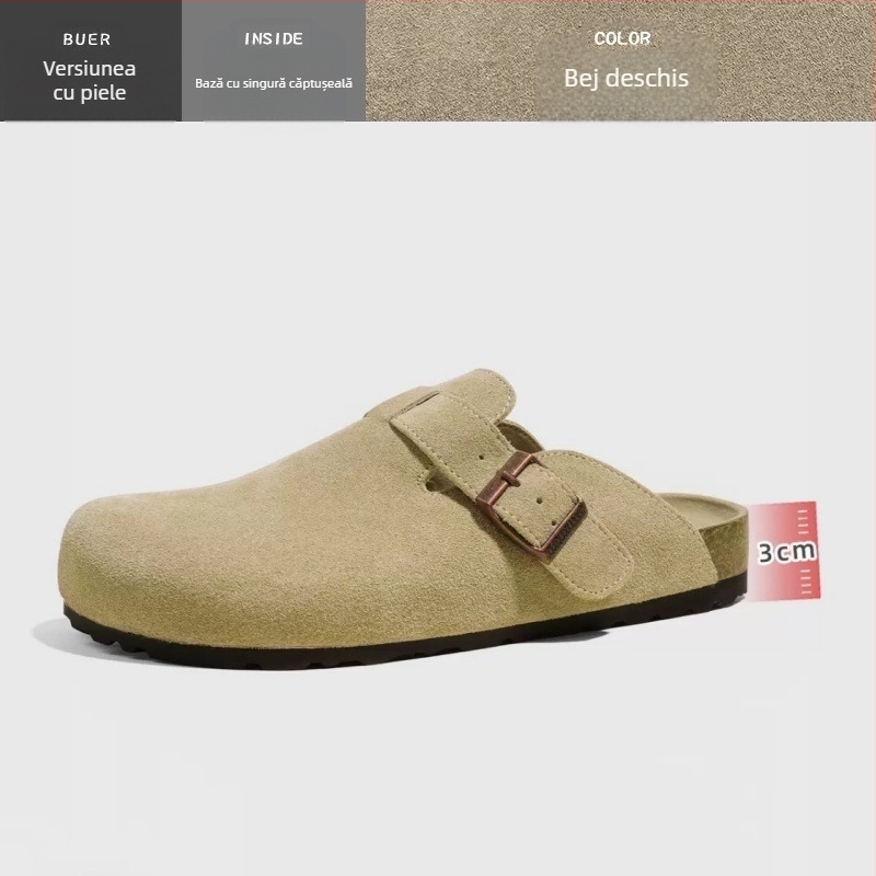 Papuci din piele de vacă cu capac la deget, căptușeală din fibre super, talpă din cauciuc natural, vară 2024