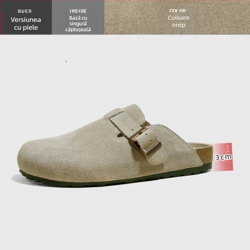 Papuci din piele de vacă cu capac la deget, căptușeală din fibre super, talpă din cauciuc natural, vară 2024