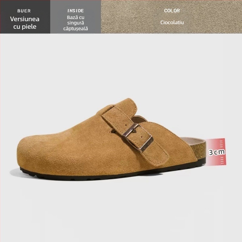Papuci din piele de vacă cu capac la deget, căptușeală din fibre super, talpă din cauciuc natural, vară 2024