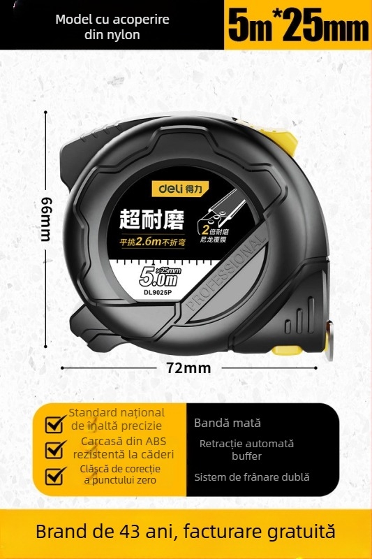 Bandă metrică DL9003 de la Deli — corp ABS, înaltă precizie, utilizare generală, gamă de măsură 2 m