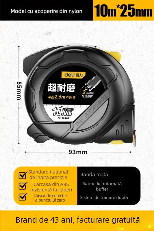 Bandă metrică DL9003 de la Deli — corp ABS, înaltă precizie, utilizare generală, gamă de măsură 2 m