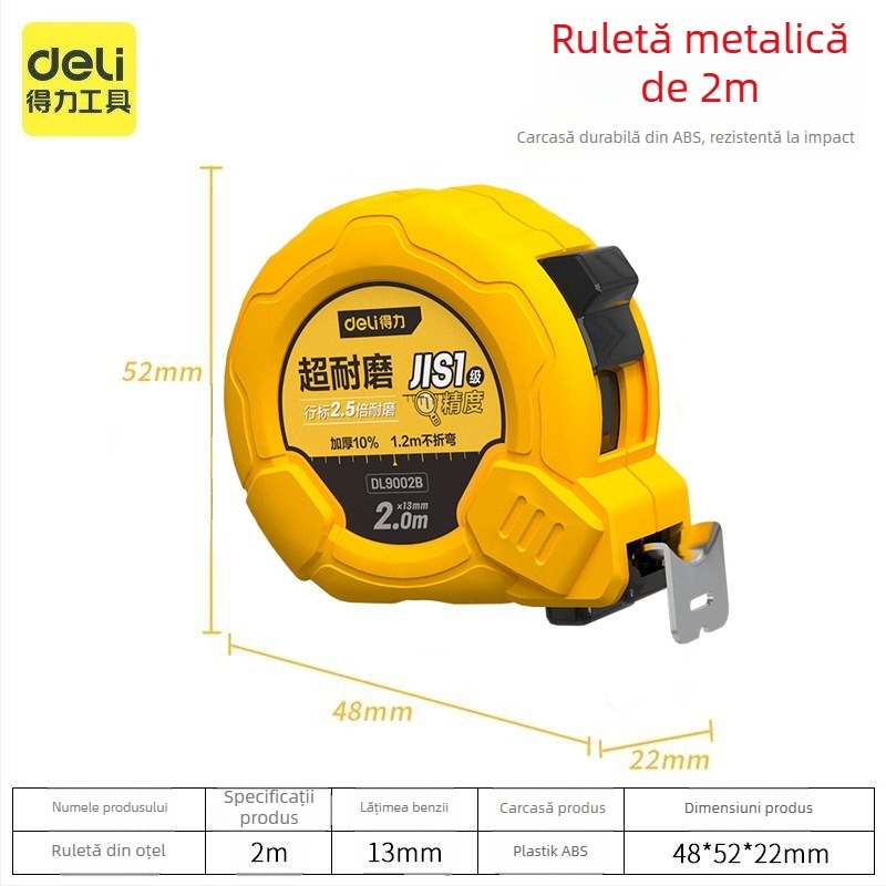 Bandă metrică DL9003 de la Deli — corp ABS, înaltă precizie, utilizare generală, gamă de măsură 2 m