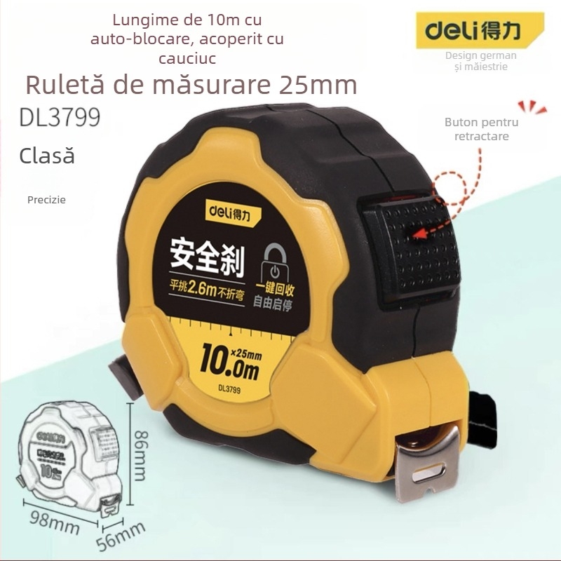 Bandă metrică DL9003 de la Deli — corp ABS, înaltă precizie, utilizare generală, gamă de măsură 2 m