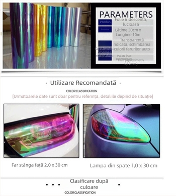 Film pentru faruri auto Einolly – PVC, film cu schimbare de culoare, transmisie luminoasă 80%, grosime 15c, sistem de lipire pe bază de ulei