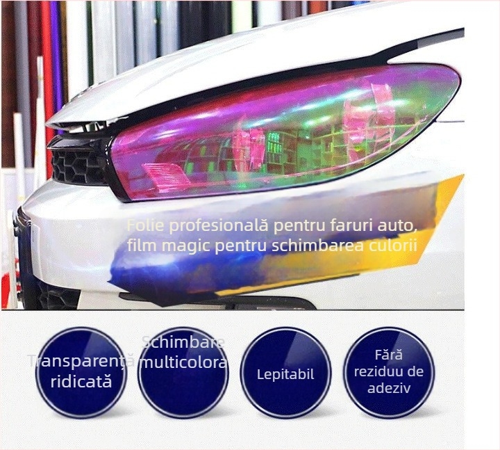 Film pentru faruri auto Einolly – PVC, film cu schimbare de culoare, transmisie luminoasă 80%, grosime 15c, sistem de lipire pe bază de ulei