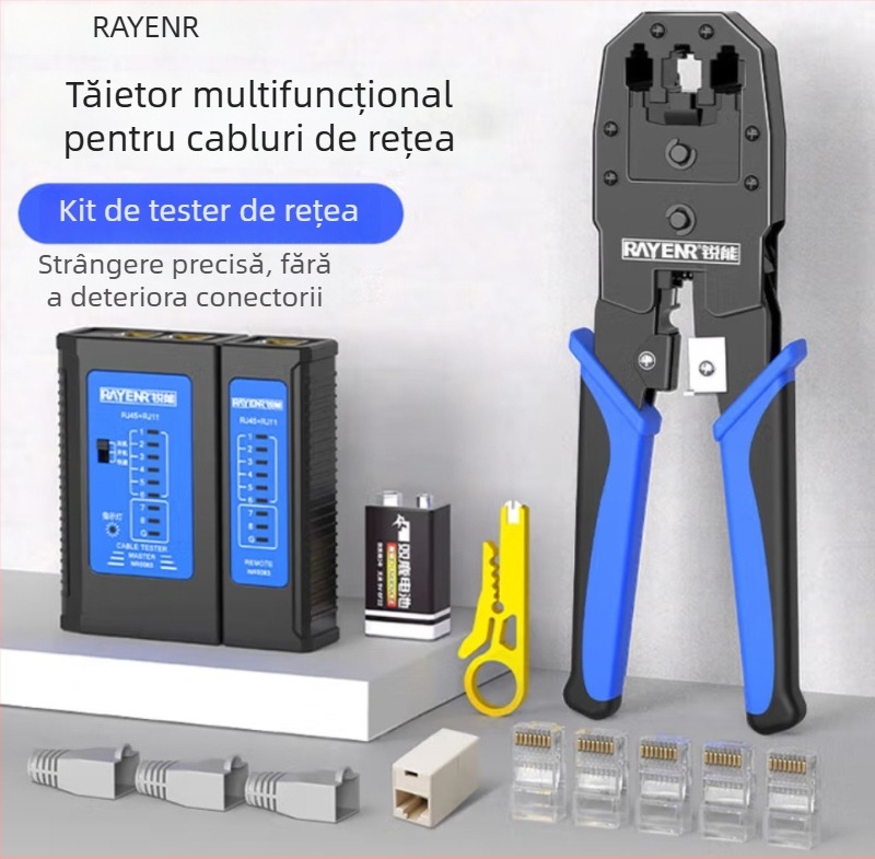 Clește crimpare pentru cabluri de rețea RJ45, Cat5–Cat8, nivel profesional, design care economisește efort, oțel A3, set de testare pentru uz casnic, Sharp Energy