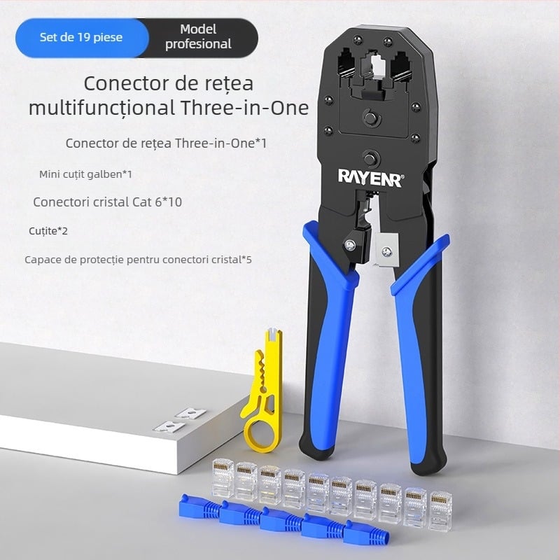 Clește crimpare pentru cabluri de rețea RJ45, Cat5–Cat8, nivel profesional, design care economisește efort, oțel A3, set de testare pentru uz casnic, Sharp Energy