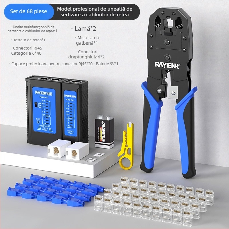 Clește crimpare pentru cabluri de rețea RJ45, Cat5–Cat8, nivel profesional, design care economisește efort, oțel A3, set de testare pentru uz casnic, Sharp Energy