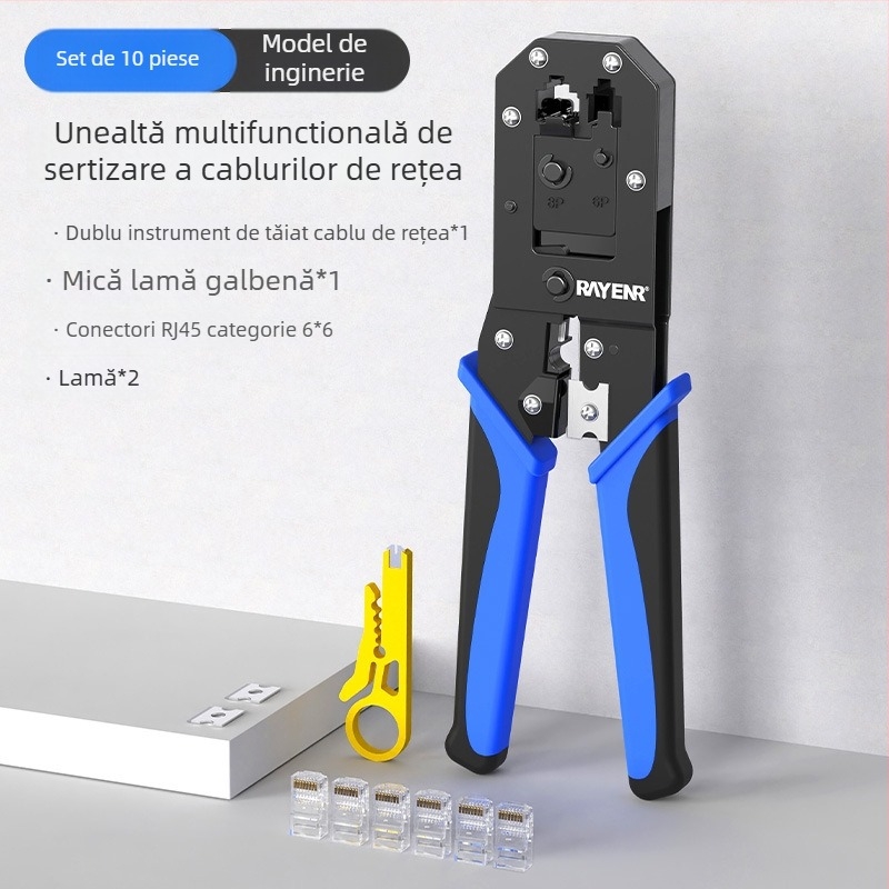 Clește crimpare pentru cabluri de rețea RJ45, Cat5–Cat8, nivel profesional, design care economisește efort, oțel A3, set de testare pentru uz casnic, Sharp Energy