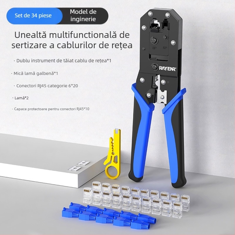 Clește crimpare pentru cabluri de rețea RJ45, Cat5–Cat8, nivel profesional, design care economisește efort, oțel A3, set de testare pentru uz casnic, Sharp Energy