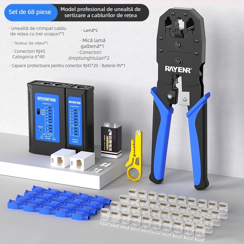 Clește crimpare pentru cabluri de rețea RJ45, Cat5–Cat8, nivel profesional, design care economisește efort, oțel A3, set de testare pentru uz casnic, Sharp Energy