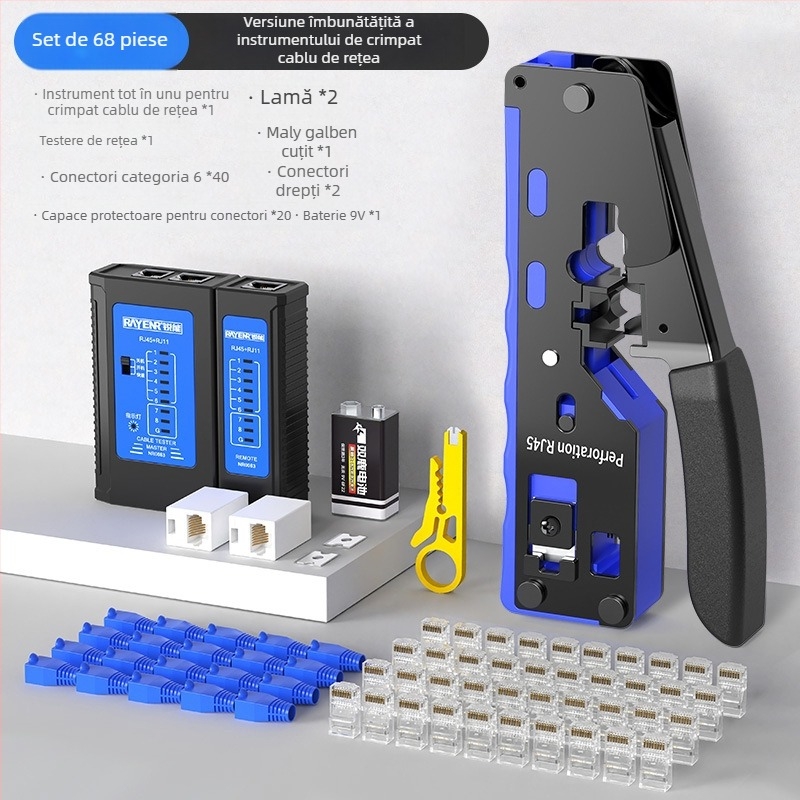Clește crimpare pentru cabluri de rețea RJ45, Cat5–Cat8, nivel profesional, design care economisește efort, oțel A3, set de testare pentru uz casnic, Sharp Energy