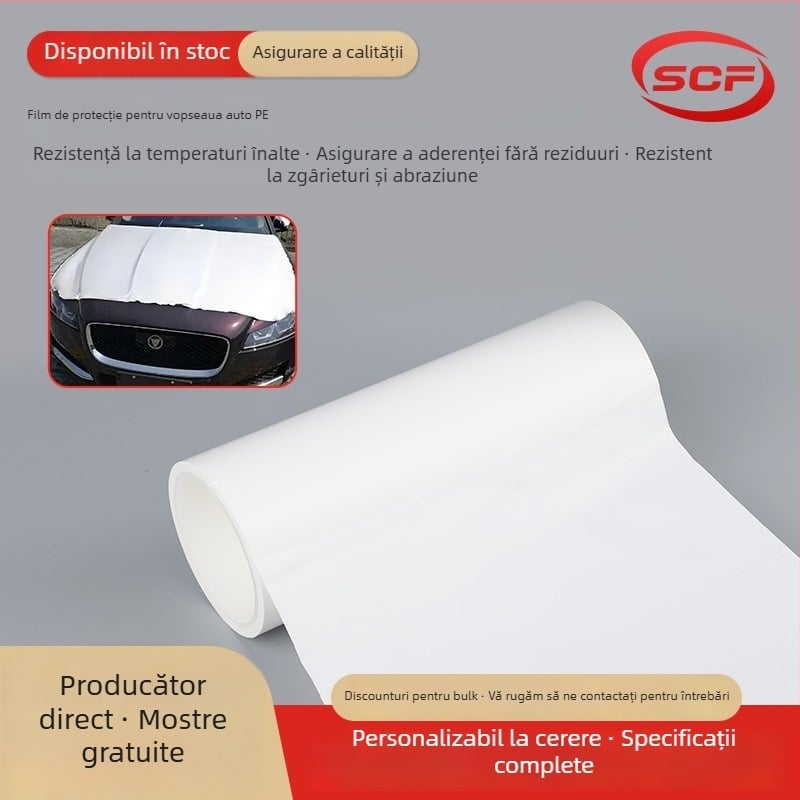 Folie de protecție pentru vopseaua auto, material PE, grosime 0,05–0,08 mm, adeziv acrilic, seria folie protecție