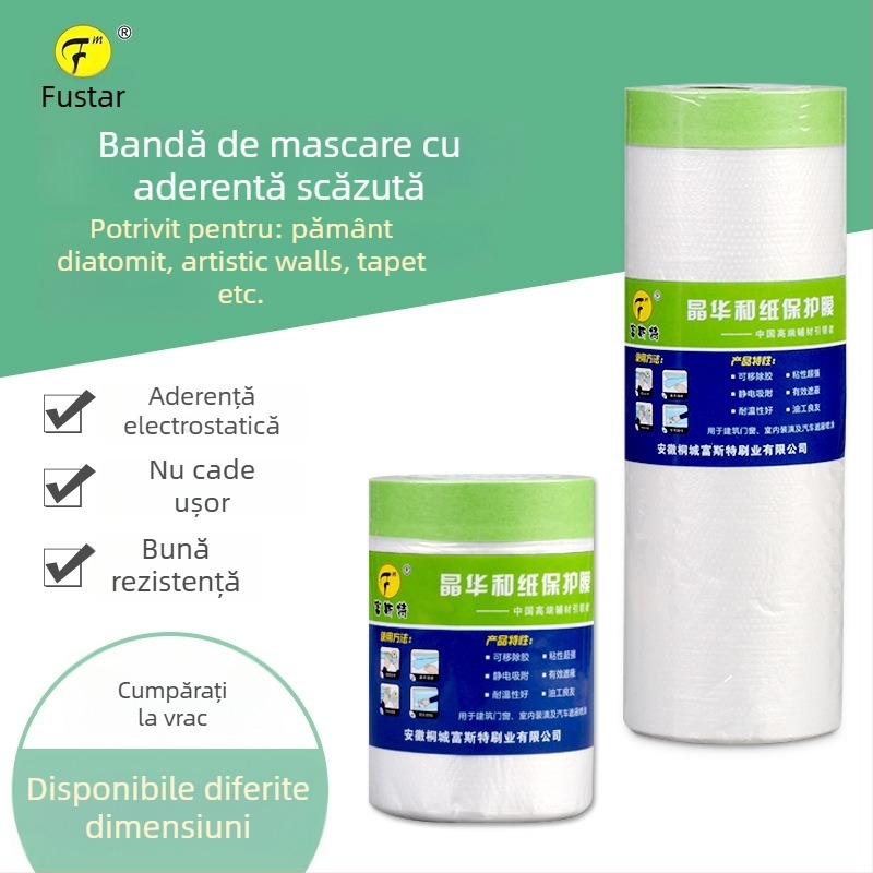 Film de mască pe bază de hârtie cu aderență scăzută pentru vopsire cu spray – grosime 0,6 μm; hârtie + film PE; adeziv Jinghua; transparență înaltă; potrivit pentru pereți artiști și protecția mobilierului