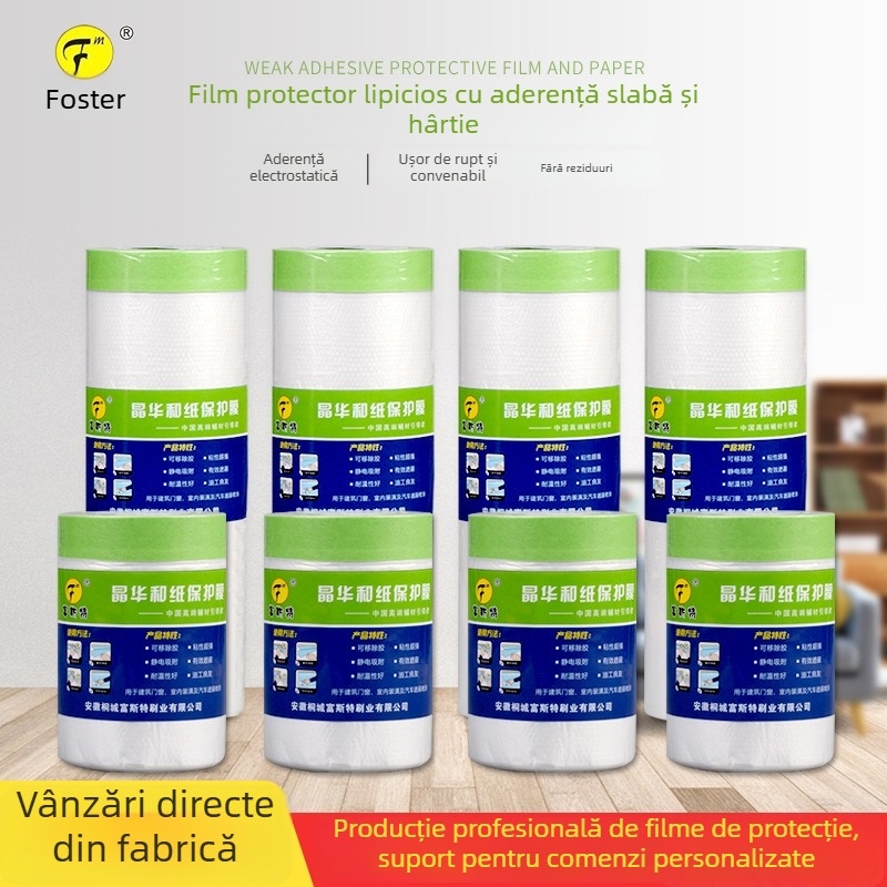 Film de mască pe bază de hârtie cu aderență scăzută pentru vopsire cu spray – grosime 0,6 μm; hârtie + film PE; adeziv Jinghua; transparență înaltă; potrivit pentru pereți artiști și protecția mobilierului