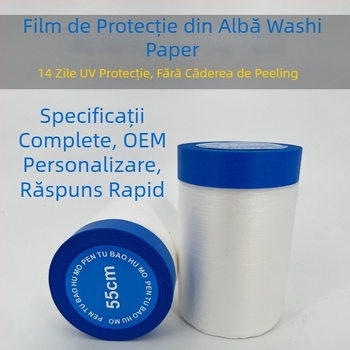 Film de mască pentru vopsire din hârtie japoneză UV‑rezistentă, bază PE, grosime 0,7 mm, miez din tub de carton, potrivit pentru decor interior/exterior și mascarea vopselei auto