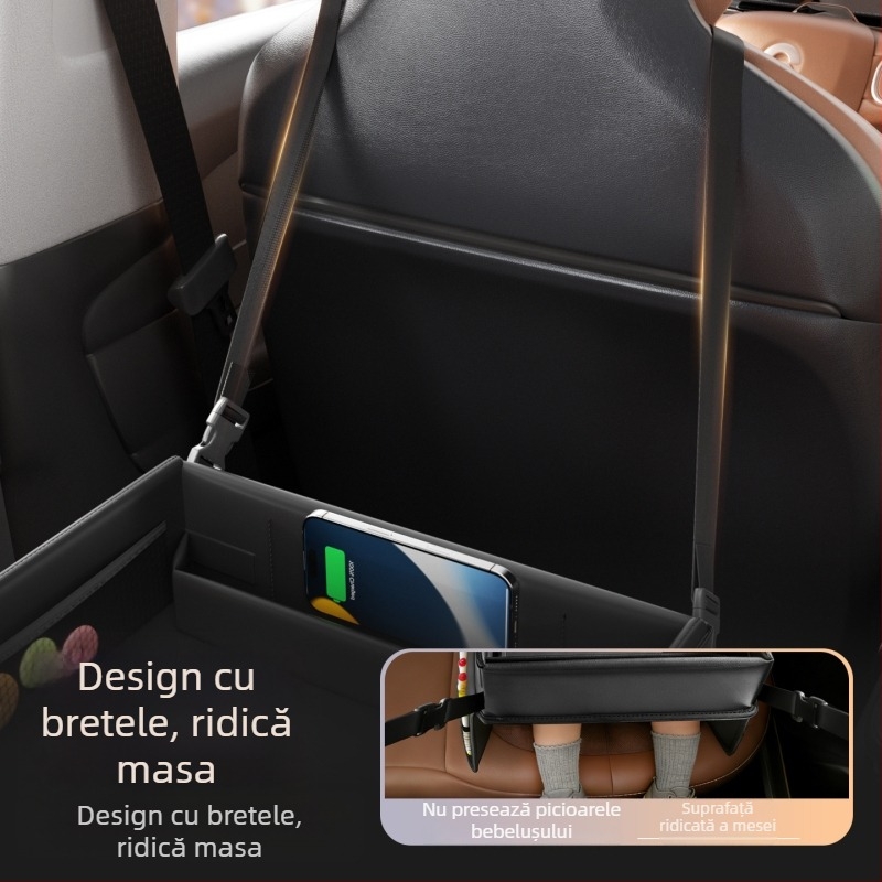Masă de luat masa auto pentru scaunul copiilor — din piele, pliabilă, impermeabilă, personalizabilă, depozitare multifuncțională