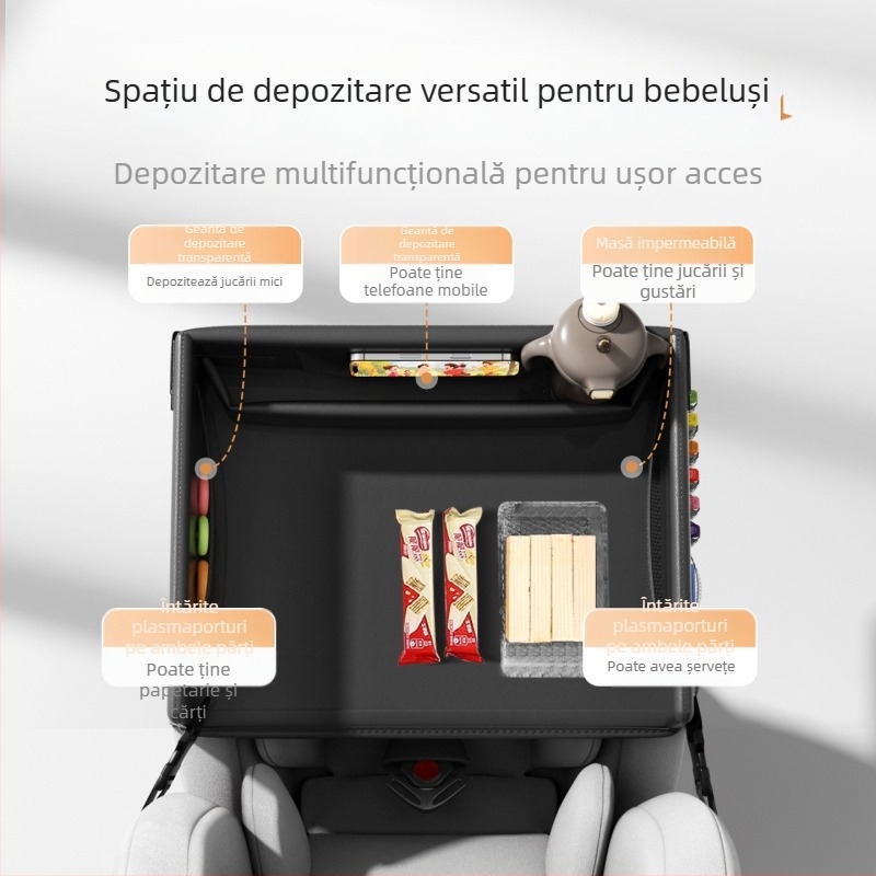 Masă de luat masa auto pentru scaunul copiilor — din piele, pliabilă, impermeabilă, personalizabilă, depozitare multifuncțională