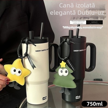 Ceainic termoizolat cu mâner, interior din oțel inoxidabil 304, exterior din 201, izolație în vid 6–12 ore, separare ceai-apă, include pai