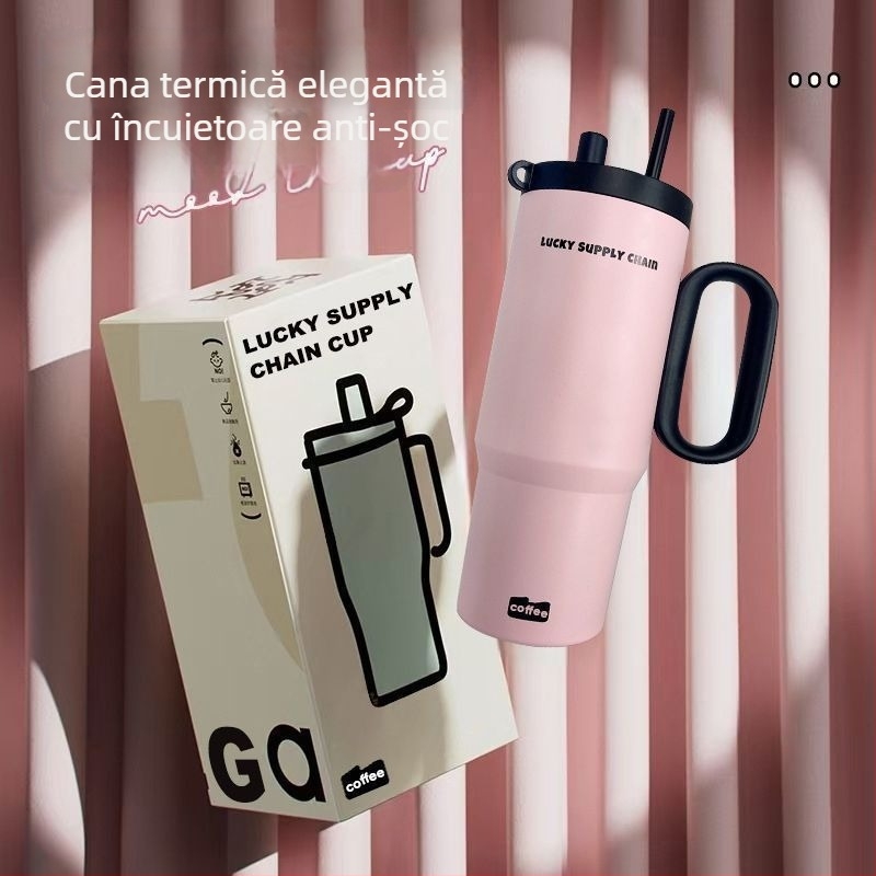 Ceainic termoizolat cu mâner, interior din oțel inoxidabil 304, exterior din 201, izolație în vid 6–12 ore, separare ceai-apă, include pai