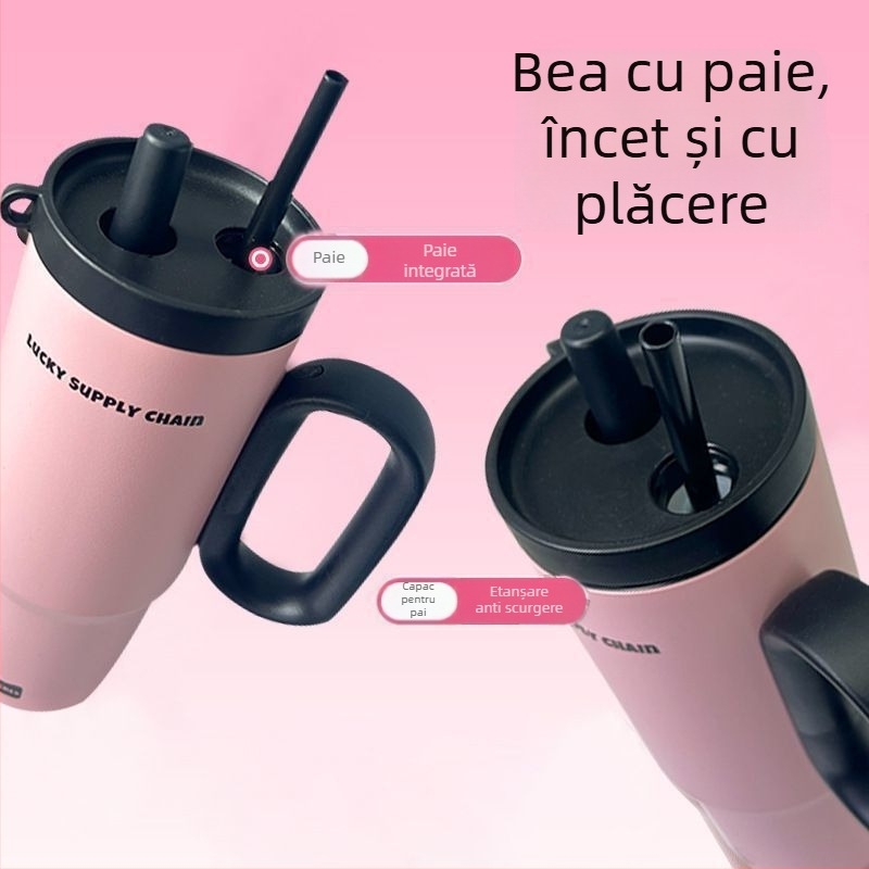 Ceainic termoizolat cu mâner, interior din oțel inoxidabil 304, exterior din 201, izolație în vid 6–12 ore, separare ceai-apă, include pai