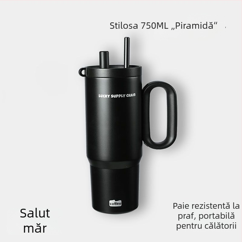 Ceainic termoizolat cu mâner, interior din oțel inoxidabil 304, exterior din 201, izolație în vid 6–12 ore, separare ceai-apă, include pai