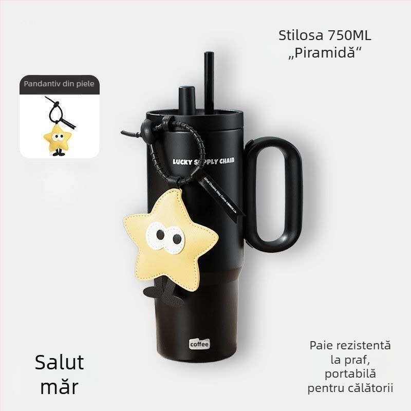 Ceainic termoizolat cu mâner, interior din oțel inoxidabil 304, exterior din 201, izolație în vid 6–12 ore, separare ceai-apă, include pai