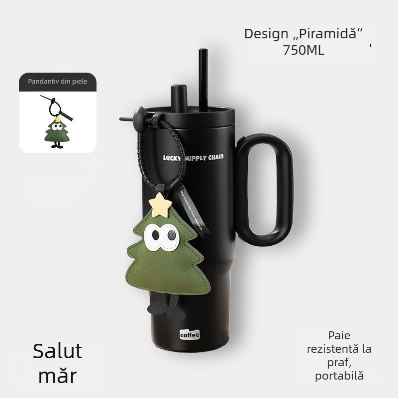 Ceainic termoizolat cu mâner, interior din oțel inoxidabil 304, exterior din 201, izolație în vid 6–12 ore, separare ceai-apă, include pai