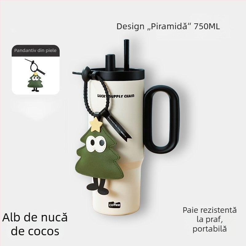 Ceainic termoizolat cu mâner, interior din oțel inoxidabil 304, exterior din 201, izolație în vid 6–12 ore, separare ceai-apă, include pai