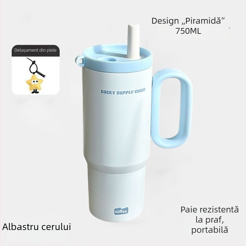 Ceainic termoizolat cu mâner, interior din oțel inoxidabil 304, exterior din 201, izolație în vid 6–12 ore, separare ceai-apă, include pai
