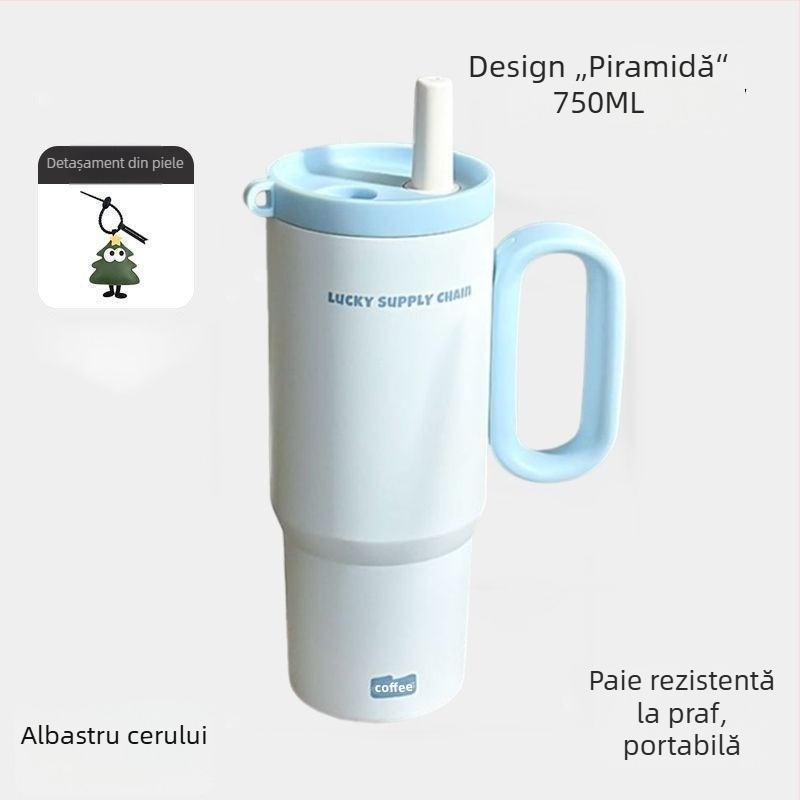 Ceainic termoizolat cu mâner, interior din oțel inoxidabil 304, exterior din 201, izolație în vid 6–12 ore, separare ceai-apă, include pai