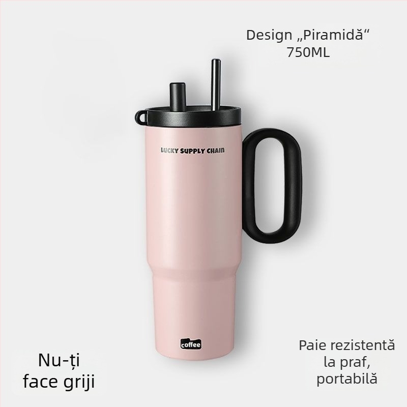 Ceainic termoizolat cu mâner, interior din oțel inoxidabil 304, exterior din 201, izolație în vid 6–12 ore, separare ceai-apă, include pai