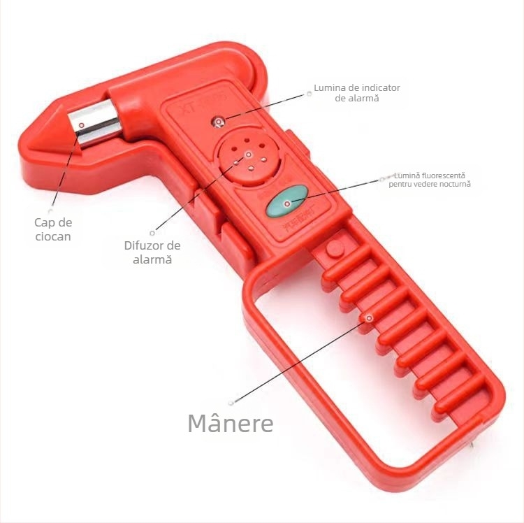 Cioc de siguranță auto cu alarmă sonoră și LED, dispozitiv de spargere a geamurilor, multi-funcțional, ABS material, 249 g