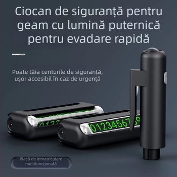Cioc de siguranță auto cu patru funcții: spargerea geamului, lanternă, card de parcare; metal+ABS