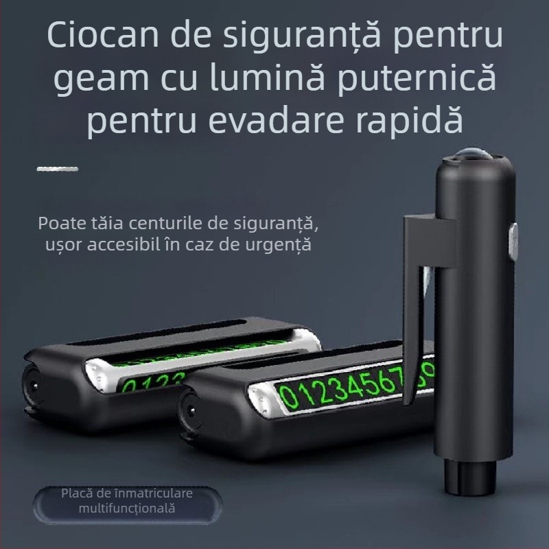 Cioc de siguranță auto cu patru funcții: spargerea geamului, lanternă, card de parcare; metal+ABS