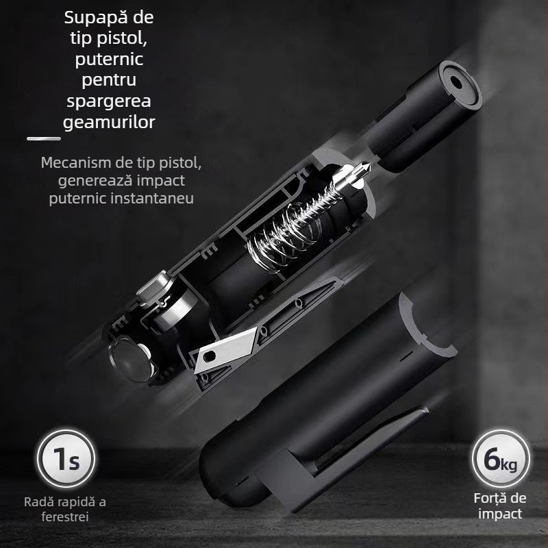 Cioc de siguranță auto cu patru funcții: spargerea geamului, lanternă, card de parcare; metal+ABS