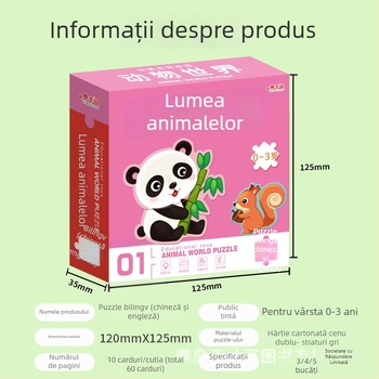 Puzzle pentru copii bilingv cu animale, carduri de trafic și fructe și legume — puzzle de hârtie, vârsta 0–3 ani; ambalare în cutie; personalizare prin mostră