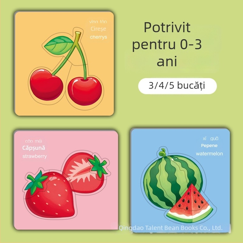 Puzzle pentru copii bilingv cu animale, carduri de trafic și fructe și legume — puzzle de hârtie, vârsta 0–3 ani; ambalare în cutie; personalizare prin mostră