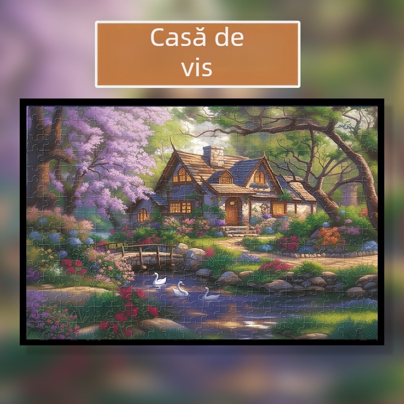 Puzzle din lemn plat, 1000 de piese, temă cu case, personalizare conform desenelor, pentru 14+ ani