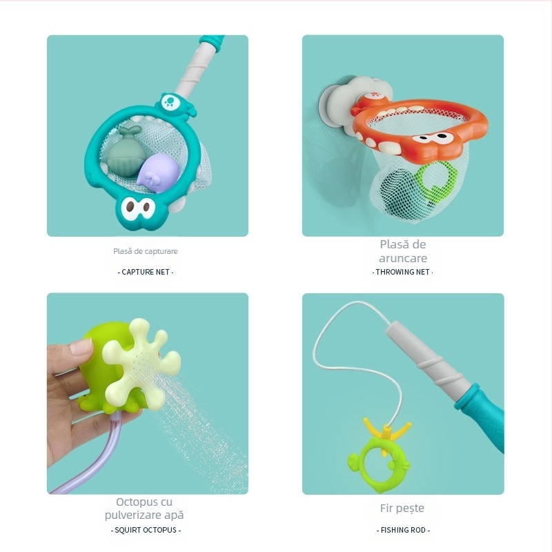 Jucărie de baie 4-în-1 pentru bebeluși și copii mici: plasă de pescuit, joc de aruncare cu apă și distracție cu apă în cadă (material: plastic; potrivit pentru bebeluși și copii; vârstă: 0–2 ani)