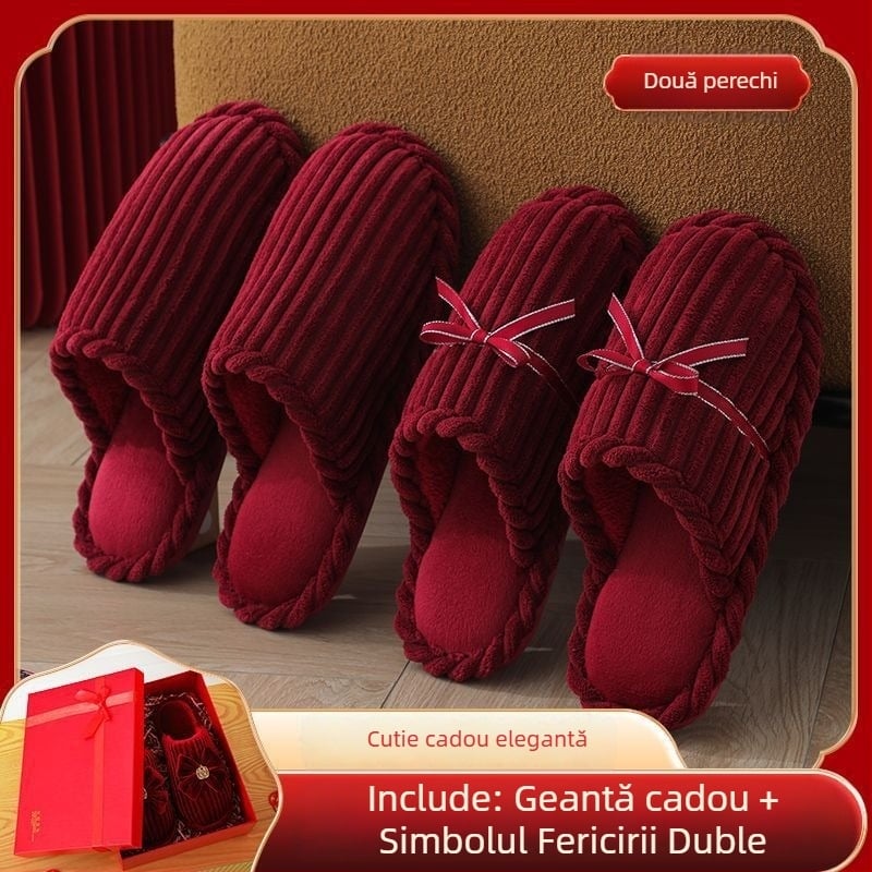 Papuci de casă pentru cuplu - iarnă, din denim, talpă PVC, antiderapante, durabile