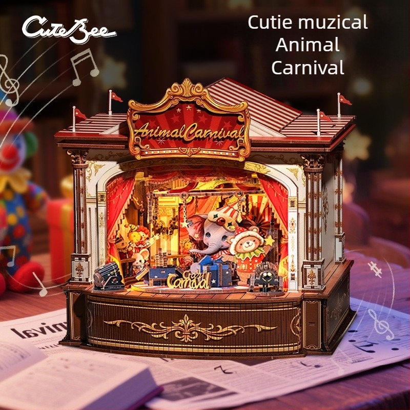 Cutebee Cutia Muzicală cu Animale - Blocuri de Construcție Asamblate, Casă Miniaturală, Jucărie Creativă, Cadou de Crăciun (14+)